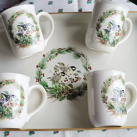 Vintage Gibson Greetings Otagiri Japan Serving Tray & 4 Mugs - Picture 1 of 6